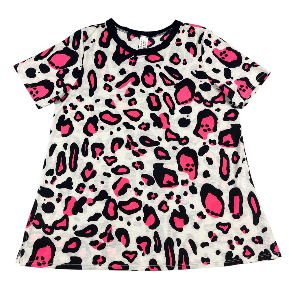 Now N Forever Pink Leopard Print Short Sleeve Crew Neck Top Large Shirt Womens